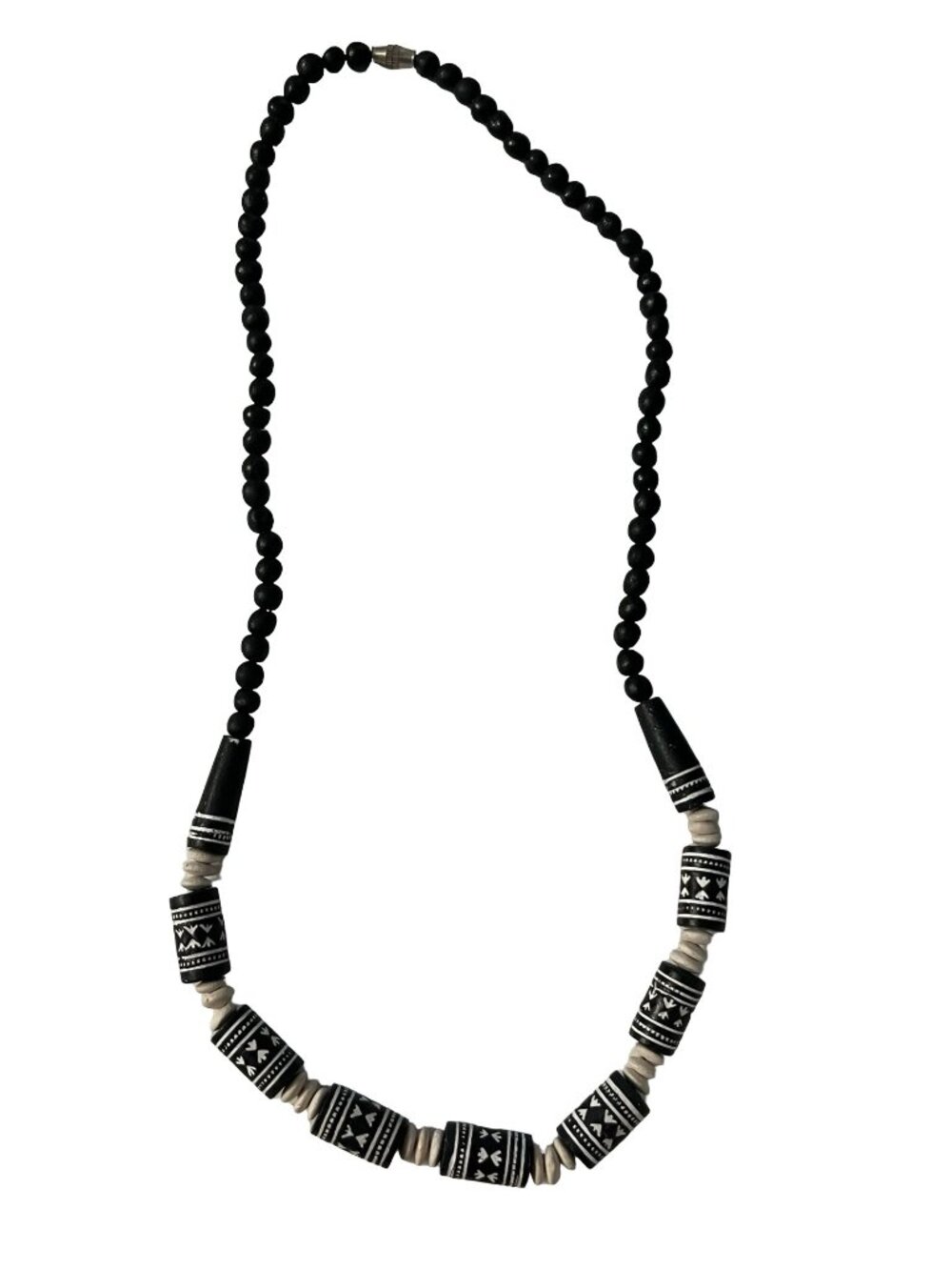 Vintage Black and White Beaded Necklace Tribal Pattern Barrel Beads 18 Inch